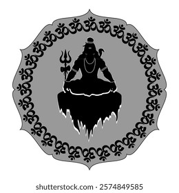 "Discover a stunning Lord Shiva meditation silhouette vector design, surrounded by the sacred Om mantra border. Perfect for spiritual art lovers, yoga themes.