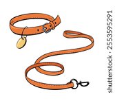 Discover the Stylish Orange Dog Collar and Leash Set designed specifically for Pet Owners.Vector illustration. Pet shop