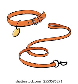 Discover the Stylish Orange Dog Collar and Leash Set designed specifically for Pet Owners.Vector illustration. Pet shop