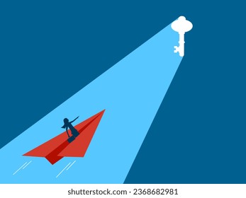 Discover success. businesswomen flies in a paper airplane heading towards a locked gate with lights