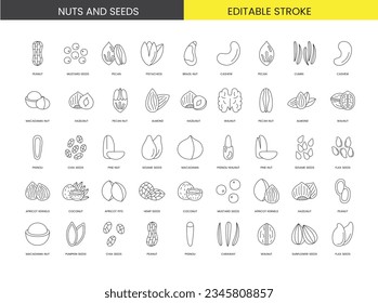Discover the taste diversity and health benefits of seeds and nuts with this set of line vector icons that visually depict the distinctive features and nutritional properties of these natural foods.
