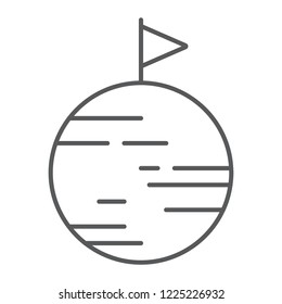 Discover thin line icon, space and astronomy, planet with flag sign, vector graphics, a linear pattern on a white background, eps 10.