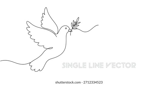 Discover this beautiful continuous line art illustration of a white dove with an olive branch, representing peace, freedom, and new beginnings Ideal for various design projects