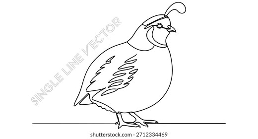 Descubra este hermoso dibujo de una sola línea de una codorniz, ideal para logotipos, materiales educativos o decoración moderna, que ofrece una estética limpia y sofisticada para varios usos creativos