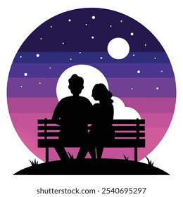 Discover this beautifully crafted silhouette line art featuring lovers sitting on a bench under a full moon. This captivating design captures the essence of romance and serenity, perfect