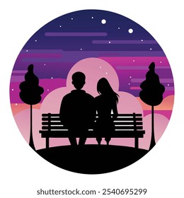 Discover this beautifully crafted silhouette line art featuring lovers sitting on a bench under a full moon. This captivating design captures the essence of romance and serenity, perfect