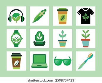 Discover this bioplastic vector icons bundle with sustainable everyday items like cups, clothing, tech, and more. Ideal for eco friendly designs, green living, and sustainable lifestyle projects.