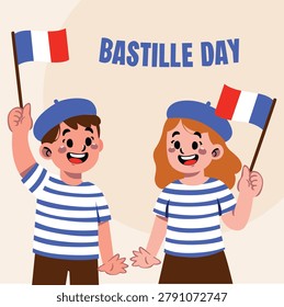 Discover this charming Bastille Day illustration featuring two characters proudly holding a small French flag. Perfect for your creative projects!
