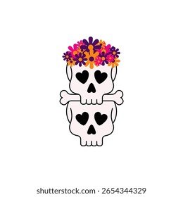 Discover this charming floral skull design featuring a vibrant flower crown. Ideal for artistic projects, celebrations, and decorative purposes. Perfect mix of whimsy and beauty.