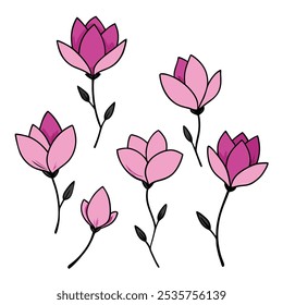 Discover this elegant set of hand-drawn magnolia flower illustrations, perfect for botanical-themed designs, wedding decor, and digital floral artwork with a timeless appeal.
