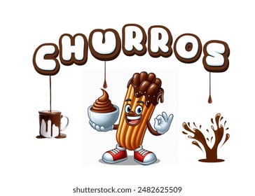 Descubra este divertido diseño de un maxi churros lleno de chocolate como personaje de dibujos animados, con un título en letras de chocolate y goteos de chocolate. Un dulce regalo visual