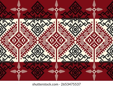 Discover this intricate red, black, and cream geometric ethnic pattern. Featuring traditional cross and diamond motifs, it's perfect for textiles, cultural designs, or striking backgrounds.