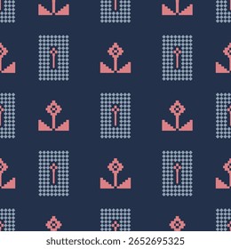 Descubra este padrão sem emenda pixelizado com temática náutica apresentando âncoras cor-de-rosa e formas de diamante azul-cinza em um fundo marinho. Perfeito para projetos à beira-mar e projetos marítimos.