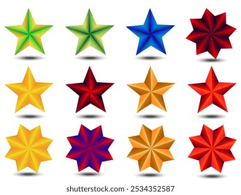 Descubra este conjunto de estrelas 3D isoladas sobre um fundo branco. Perfeito para gráficos de stock, ilustrações e desenhos digitais, estes elementos de estrela realísticos são ideais para projetos de alta qualidade.