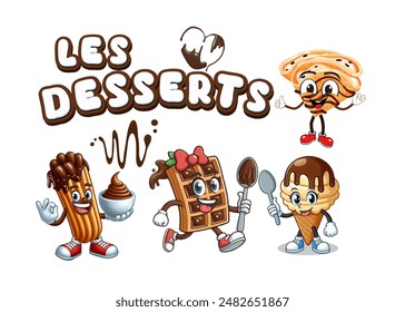 Discover this summer design of beach desserts with a maxi churros filled with chocolate, a crepe, a waffle, and an ice cream. The title "Dessert" is marked on each treat. A visual delight!