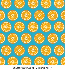 Entdecken Diese lebendige Vektorillustration mit einem nahtlosen Muster aus runden orangefarbenen Scheiben auf einem soliden Hintergrund. Perfekt für frische, Zitrusmotive, Sommerprojekte und Küchendekor.