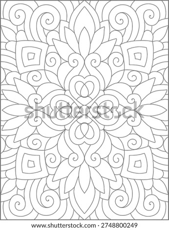 Discover tranquility with this symmetrical mandala coloring page, featuring a graceful central motif resembling interconnected hearts or petals. Surrounding this focal point are elegant swirls, curves, and subtle geometric accents, creating a harmonious and soothing pattern. This intricate design is perfect for adult coloring, promoting a sense of calm and providing an engaging artistic outlet for stress relief and creative enjoyment.