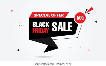 Discover unbeatable savings with our Black Friday Special Offer: 50% off banner template featuring white background and dynamic black and red shapes in vector art.