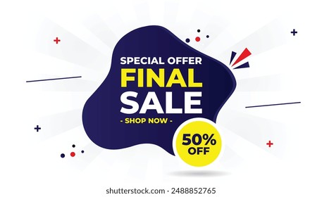 Discover unbeatable savings with our Final Sale Special Offer: 50% off! Shop now amidst vibrant blue, yellow, and red shapes on a sleek white background