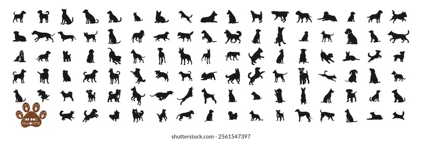 "Discover a unique collection of 100 dog breed silhouette designs, perfect for crafting, decorating, or gifting. These stunning black-and-white outlines celebrate the beauty of dogs in every shape.