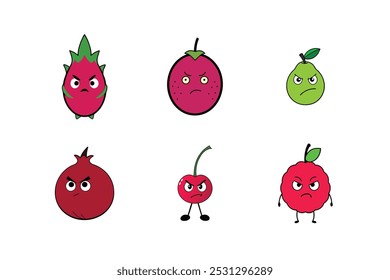 Discover a unique collection of angry fruit face designs featuring Guava, Passionfruit, Lychee, Dragon Fruit, Pomegranate, and Cherry. Available as line art, silhouettes, icons, and clipart,