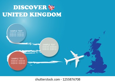 Discover United Kingdom template vector showing the plane approaching the blind map of Great Britain. The pattern has plenty of room for your notes and photos.