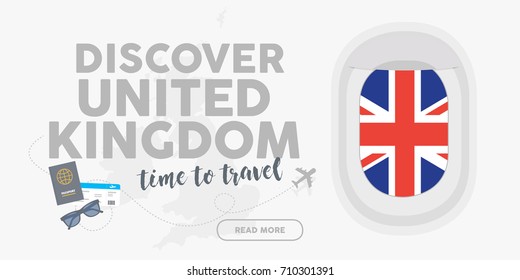 Discover United Kingdon. Time to travel. World travel and tourism concept flat vector. Plane window banner