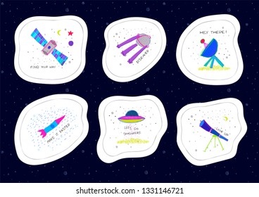 Discover Universe Space nature Star cutout sticker moon satellite travel cosmos astronomy UFO Spaceship graphic design typography element Hand drawn postcard. Cute simple vector paper collage style