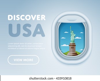 Descubra os EUA. Viajando pelo mundo de avião. Tema de turismo e férias. Atração da janela do avião. Banner de design de vetor plano moderno.