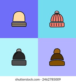 Discover a variety of hand-drawn beanie hat icons in a simple, flat design. Perfect for adding a touch of cozy charm to your projects. Vector illustration.