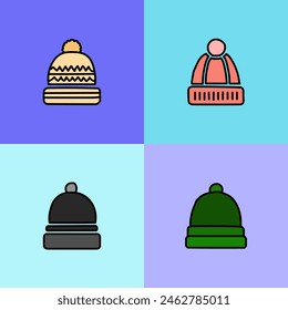 Discover a variety of hand-drawn beanie hat icons in a simple, flat design. Perfect for adding a touch of cozy charm to your projects. Vector illustration.