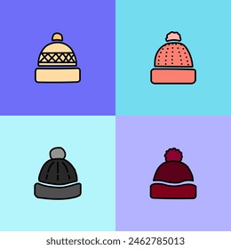 Discover a variety of hand-drawn beanie hat icons in a simple, flat design. Perfect for adding a touch of cozy charm to your projects. Vector illustration.