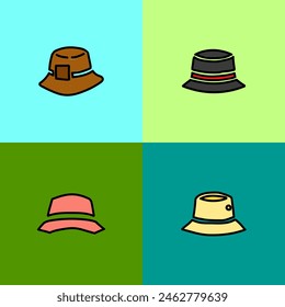 Discover a variety of hand-drawn bucket hat icons in a simple, flat design. Perfect for enhancing your projects with a touch of minimalist charm. Vector illustration.