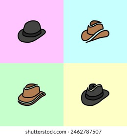 Discover a variety of hand-drawn cowboy hat icons in a simple, flat design. Perfect for enhancing your projects with a touch of rustic charm. Vector illustration.