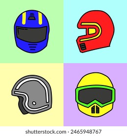 Discover a variety of hand-drawn helmet icons in a simple, flat design. Perfect for enhancing your projects with a touch of minimalist charm. Vector illustration