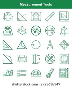 Entdecken Sie ein Vektorset mit verschiedenen Messwerkzeugen und Diagrammen, die als technische Schemata präsentiert werden. Umfasst Lineale, Protrahierer, Skalen und geometrische Werkzeuge für technische Designs.