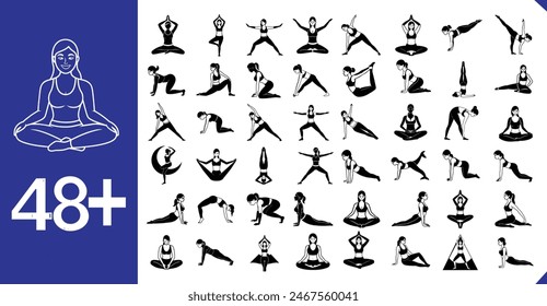 Discover a vector set of young woman yoga and fitness silhouettes. Perfect for t-shirt graphics, icons, web, posters, and print. Embrace a healthy lifestyle!