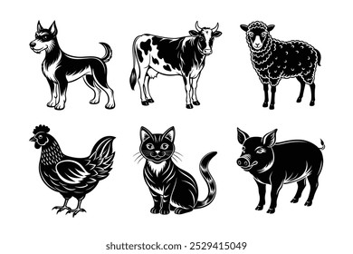 Discover a versatile collection of domestic animals vector icons designed for your creative projects. This set features high-quality line art illustrations and silhouettes.