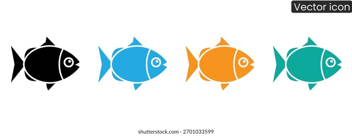Descubra uma coleção versátil de quatro ícones distintos de peixes em preto-e-branco, azul vibrante, laranja surpreendente e azul-petróleo fresco, perfeito para qualquer projeto aquático ou de design.