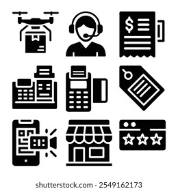 Descubra es una colección versátil de íconos de negocios minoristas y Pequeños diseñados para el comercio electrónico, las tiendas y los empresarios. Este conjunto de iconos incluye símbolos para Carritos de compras, cajas registradoras, embalajes, charcuterías
