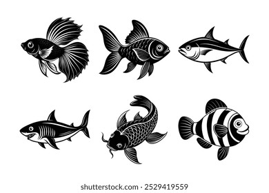 Discover a versatile fish vector icon set featuring vector illustrations, line art, silhouettes, logos, icons, and clipart. Perfect for web design, graphic projects, and branding.