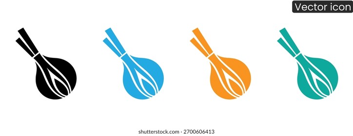 Descubra ícones versáteis de cebolinha em quatro cores vibrantes, ideais para receitas, menus ou temas de alimentação saudável. Design moderno e limpo.