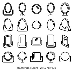 Discover a versatile set of minimalist line art mirror icons. Ideal for beauty, grooming, and interior design apps, these sleek shapes symbolize reflection, style, and clarity.