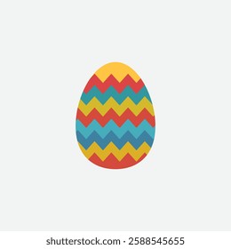 Discover a vibrant Easter egg design with bold zigzag patterns in yellow, red, and blue on a gray background. Perfect for holiday inspiration or festive crafts!