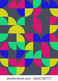 Discover a vibrant geometric pattern inspired by Bauhaus style, featuring bold shapes and bright colors. Perfect for modern designs or artistic backgrounds.