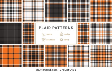 Discover a vibrant seamless plaid pattern in orange, black, and white. This classic geometric design is ideal for autumn textiles, festive branding, and eyecatching seasonal projects.