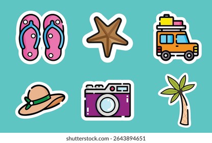 Discover a vibrant summer travel collection! Flip-flops, starfish, jeep, hat, camera, and palm tree icons on a teal background. Perfect for travel blogs, summer vibes, and adventure SEO.
