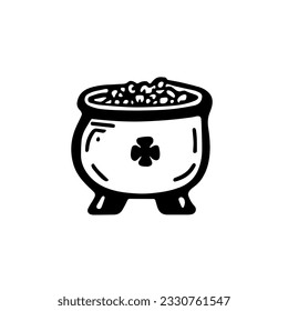 Discover the whimsy of the Emerald Isle with this black and white doodle of a pot brimming with leprechaun gold. Follow the rainbow and embrace the luck of the Irish! Vector image