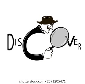 Discover. The word is depicted as a detective with a magnifying glass who is looking for something. Black vector illustration isolated on a white background