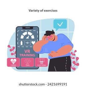 Discover a world of fitness at your fingertips with our VR training app illustration, featuring a diverse range of exercises from cardio to yoga, designed for an engaging VR workout.